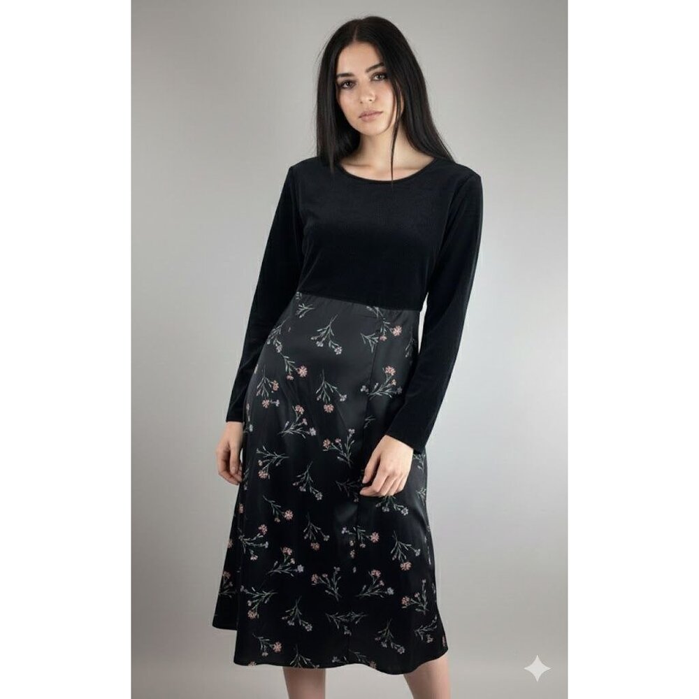 Vtg 90s Y2K Black Satin Velvet Whimsygoth Floral Midi Dress Size 14 Long Sleeve